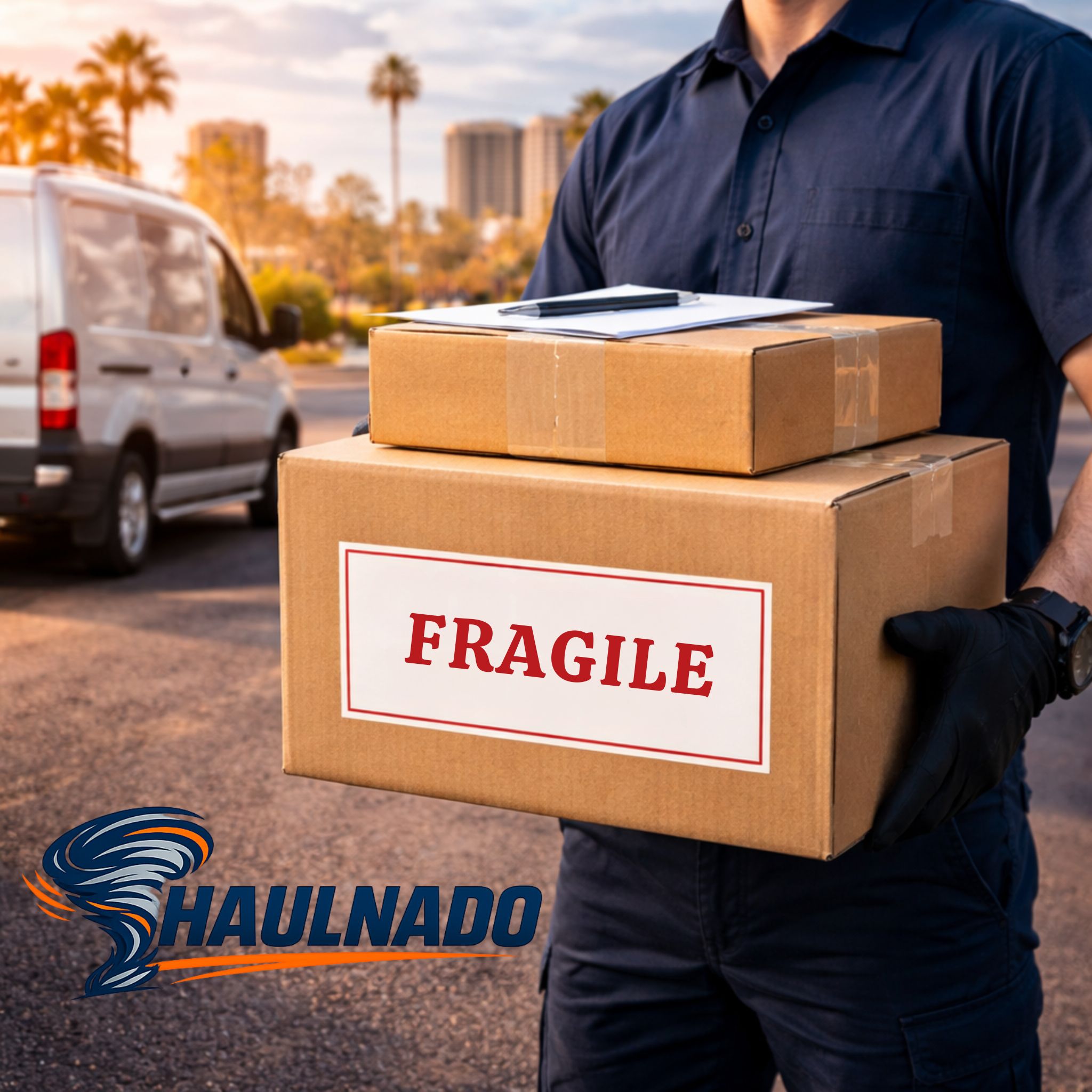 Haulnado courier services, local driver carrying packages for direct delivery in Las Vegas.