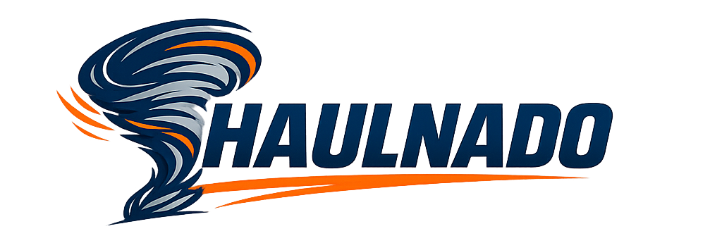 Haulnado logo with a blue tornado icon, bold navy wordmark, and orange motion streak.