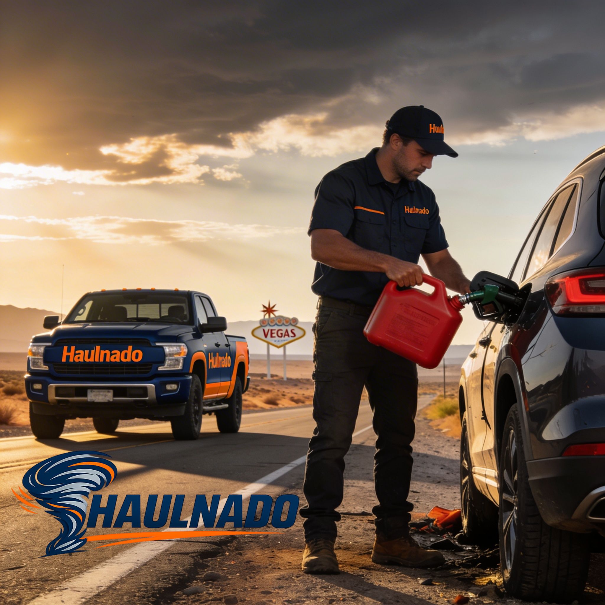 Haulnado fuel delivery on desert roadside, driver refueling stranded SUV in Las Vegas.