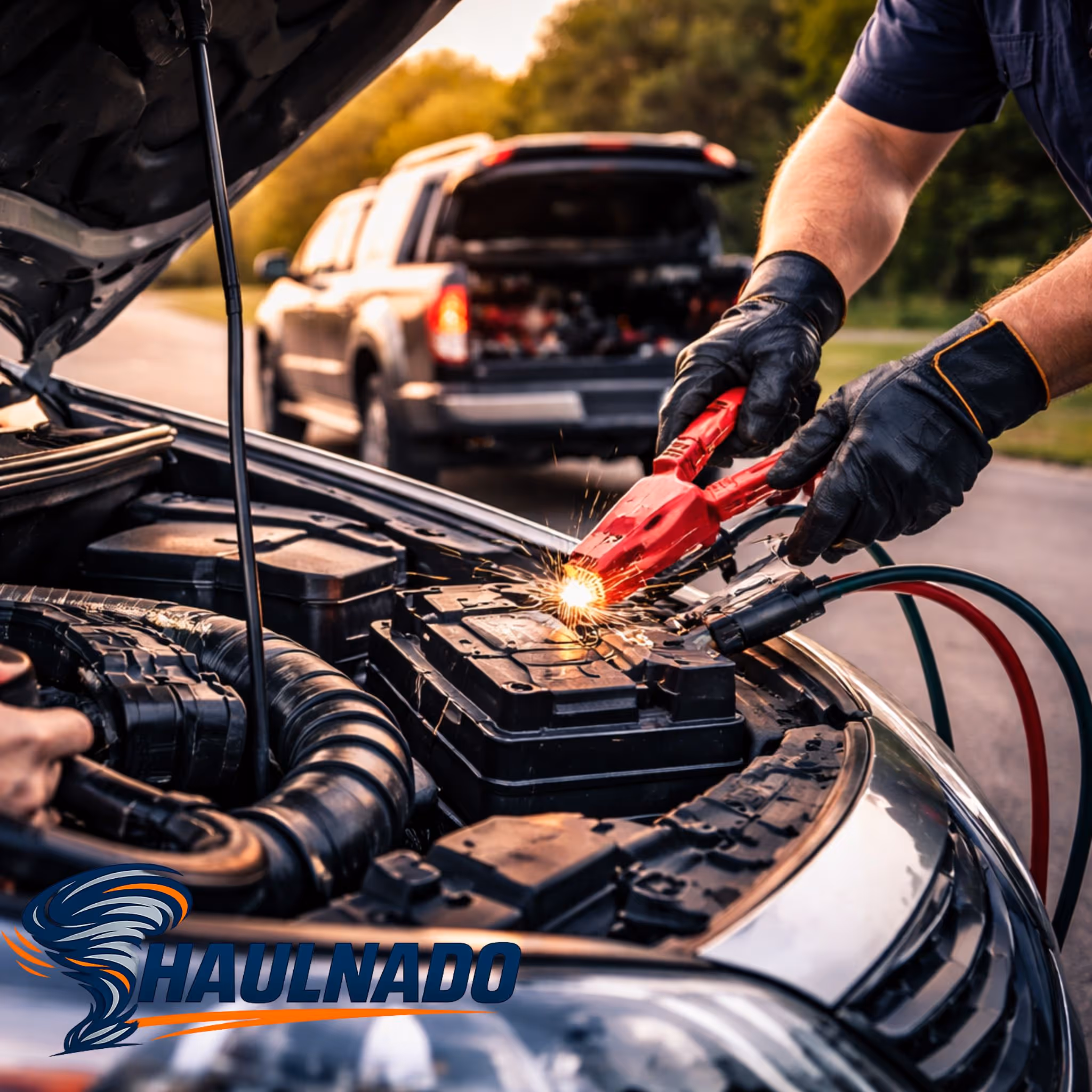 Haulnado jump start service, roadside tech boosting a dead car battery in Las Vegas.