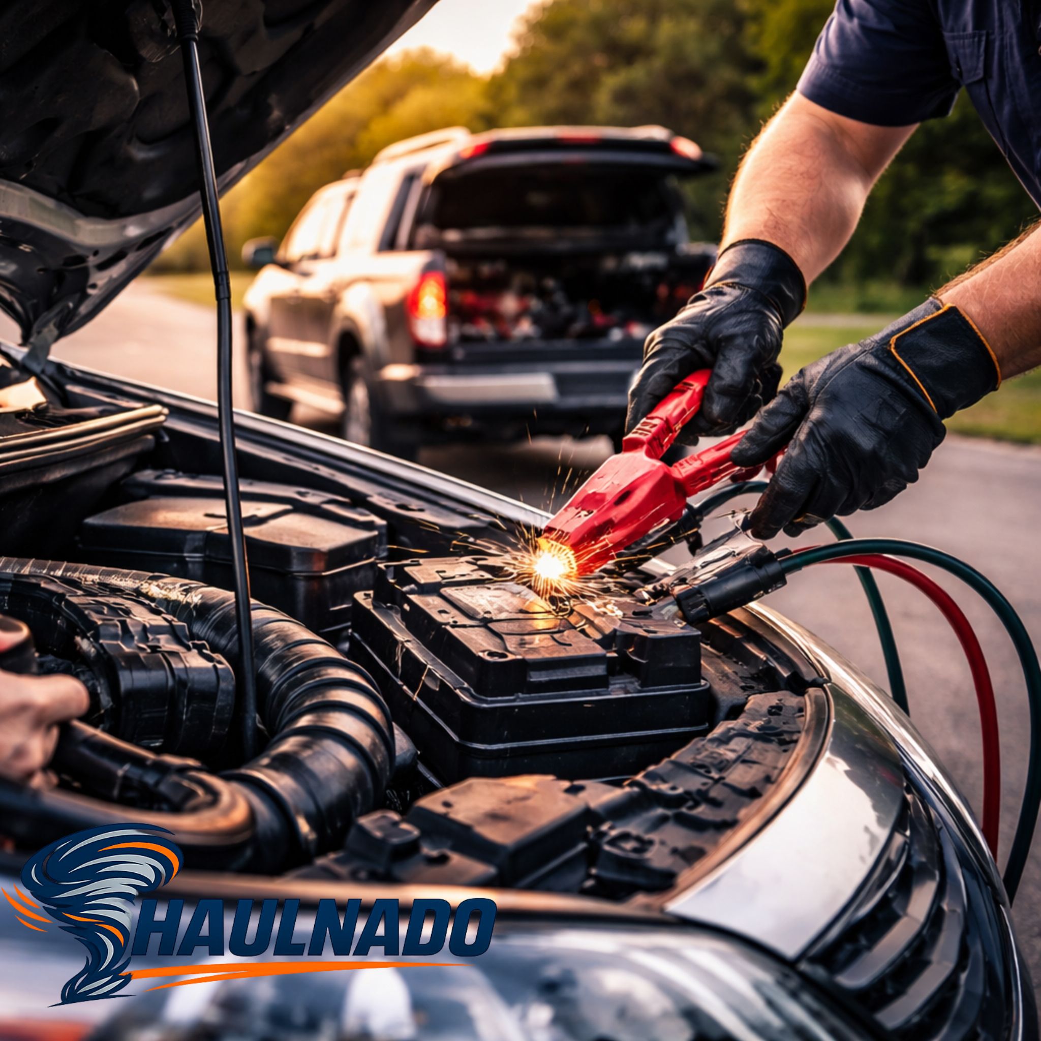Haulnado jump start service, roadside tech boosting a dead car battery in Las Vegas.