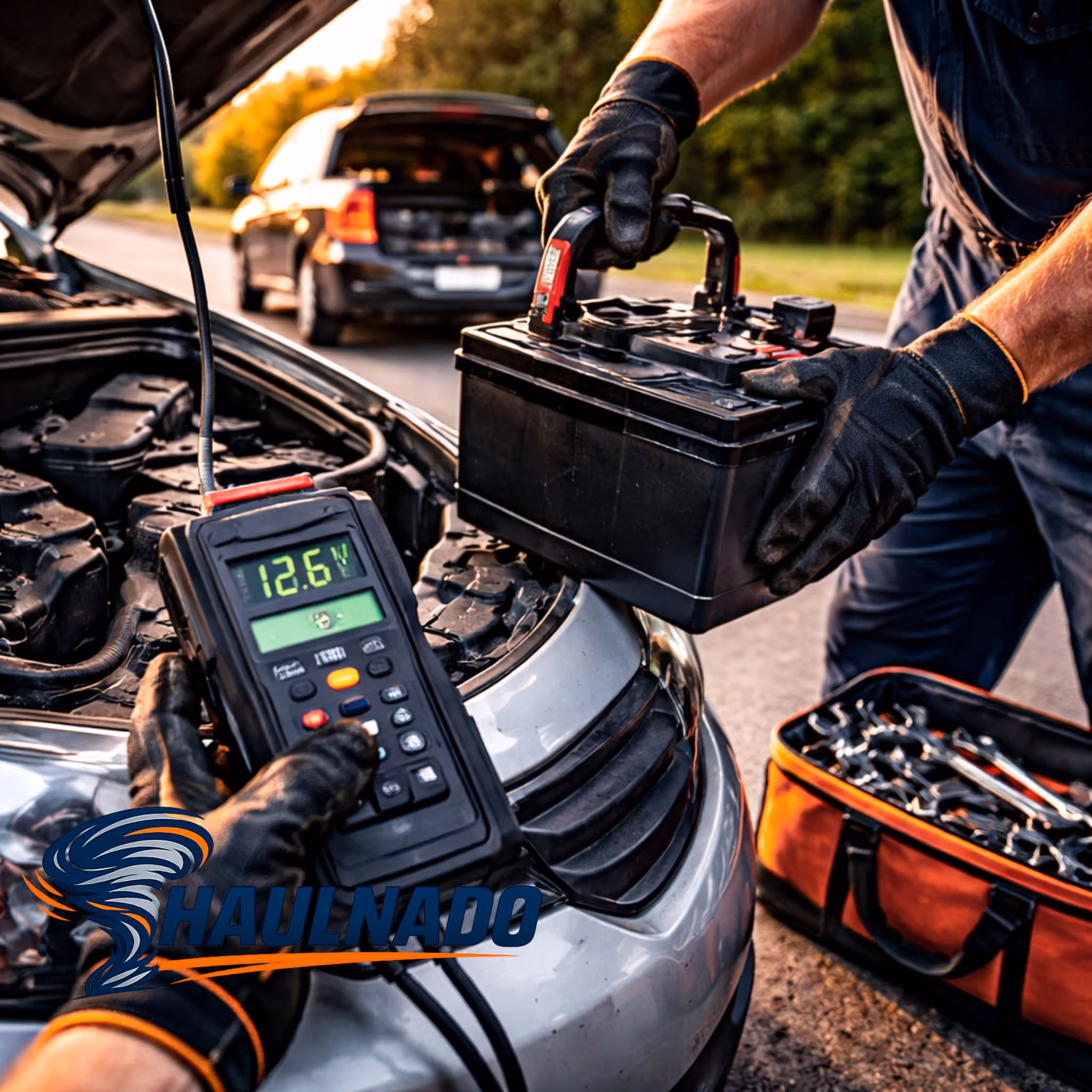 Haulnado battery testing and replacement, roadside tech checking voltage and installing a new car battery in Las Vegas.
