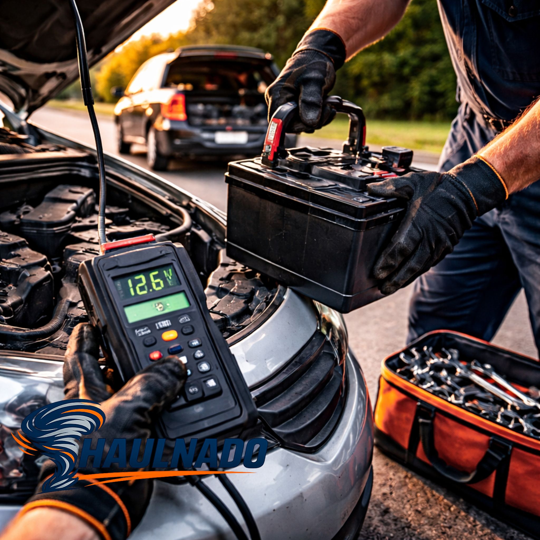 Haulnado battery testing and replacement, roadside tech checking voltage and installing a new car battery in Las Vegas.