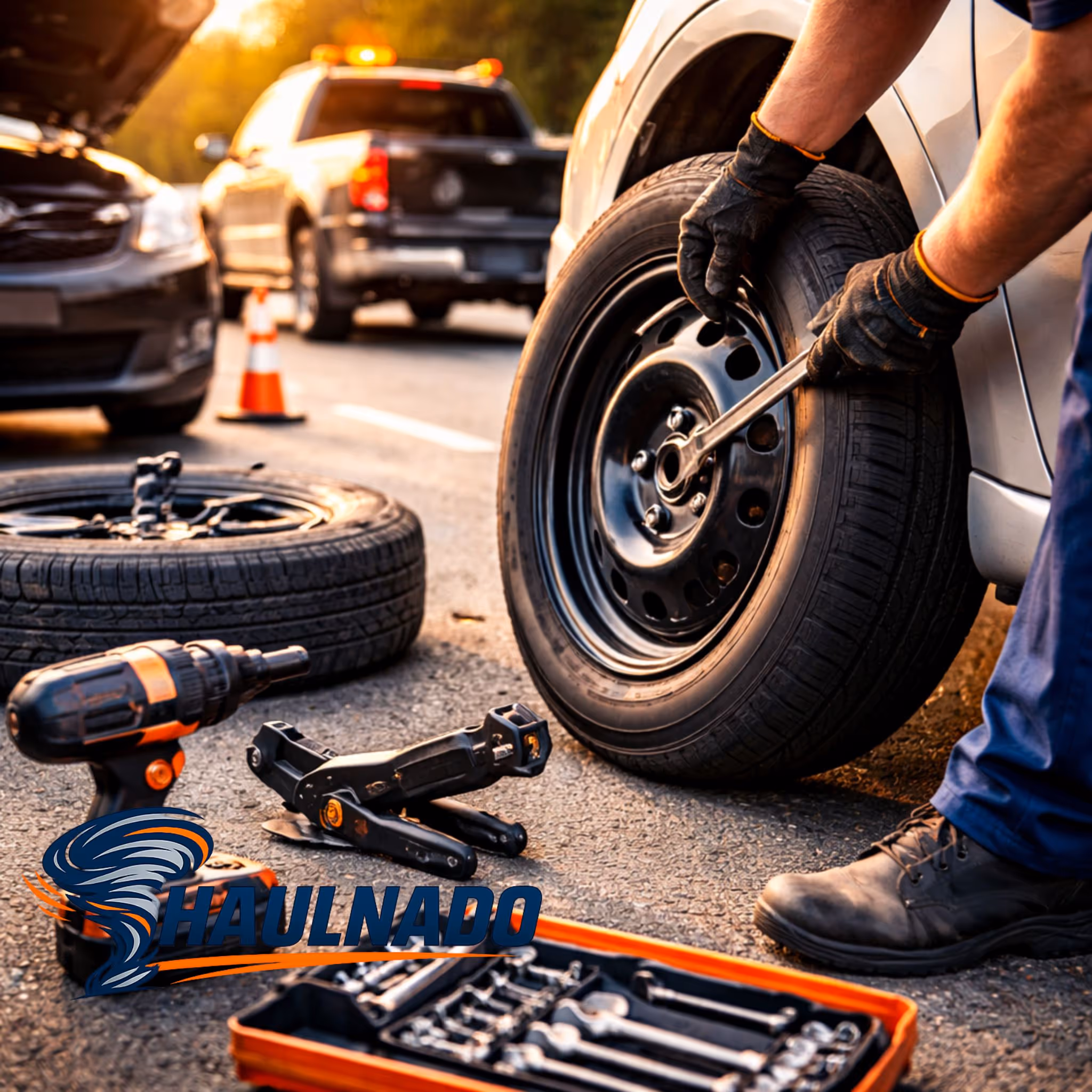 Haulnado flat tire and spare tire change, roadside tech replacing a tire on a stranded car in Las Vegas.