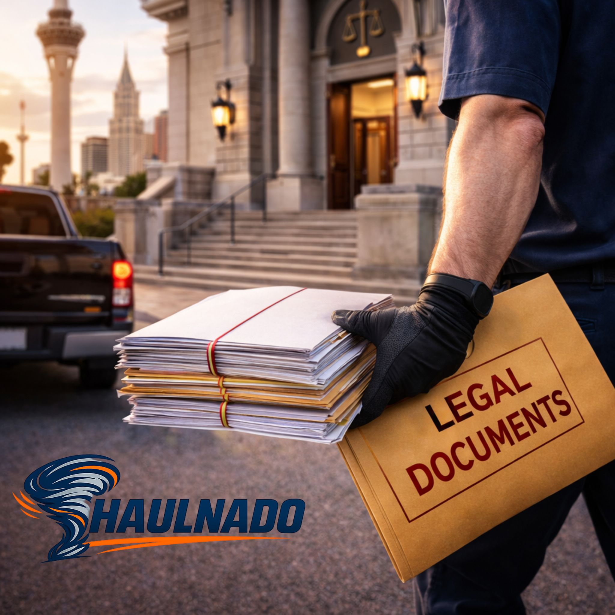 Haulnado legal courier and court filing service, driver delivering legal documents to a Las Vegas courthouse.
