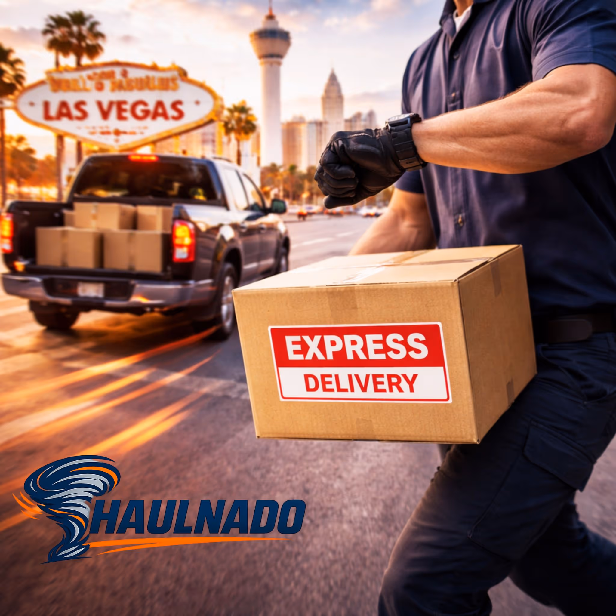 Haulnado express courier service, urgent local delivery driver handling a fast package run in Las Vegas.