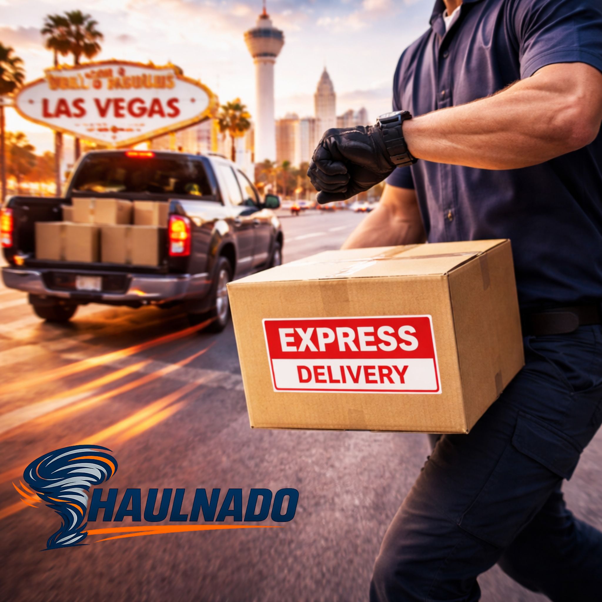 Haulnado express courier service, urgent local delivery driver handling a fast package run in Las Vegas.