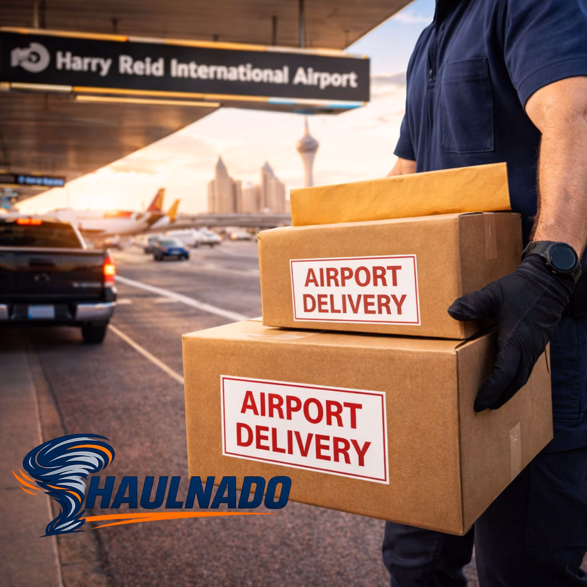 Haulnado airport delivery service, local courier handling an urgent pickup or drop-off near Harry Reid Airport in Las Vegas.