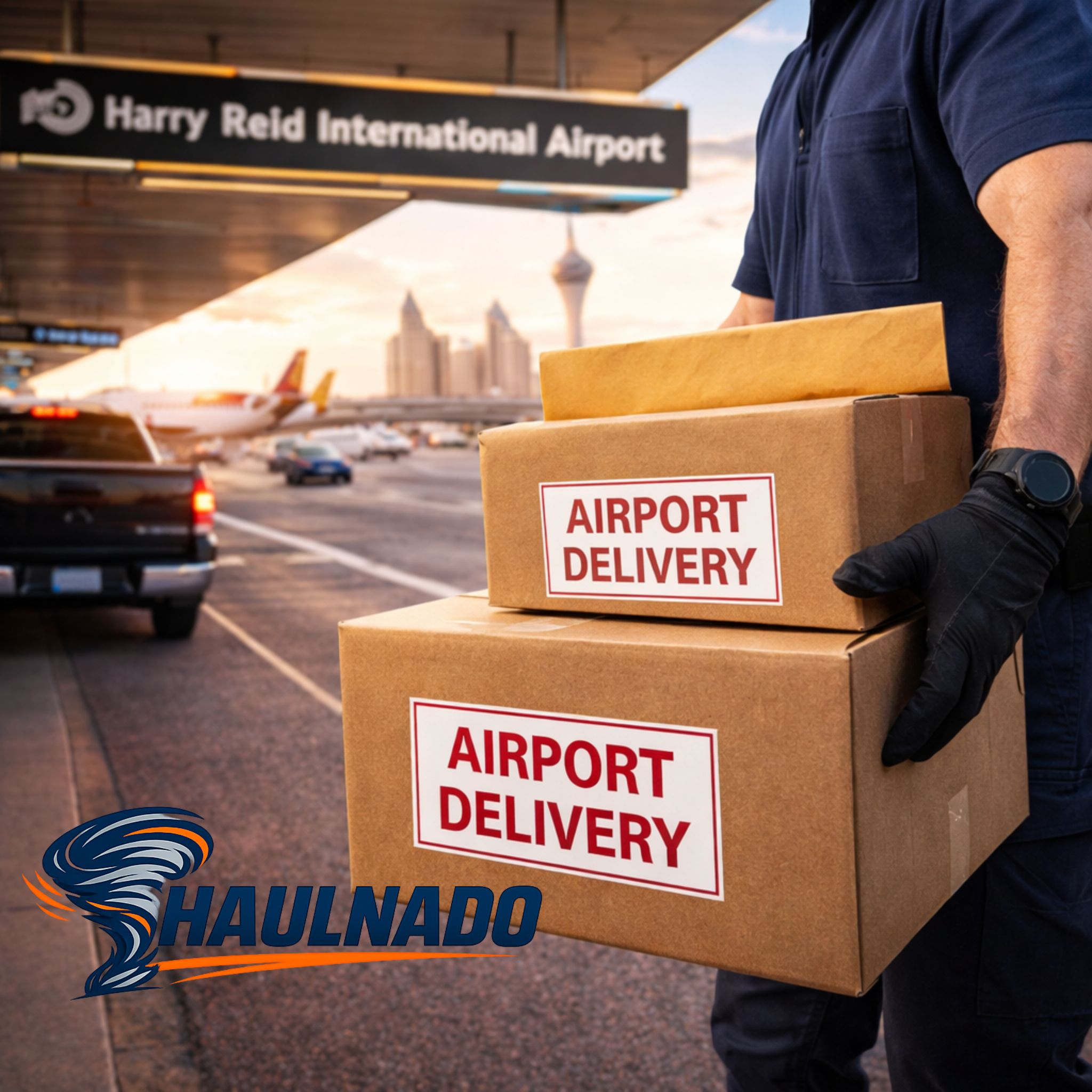 Haulnado airport delivery service, local courier handling an urgent pickup or drop-off near Harry Reid Airport in Las Vegas.