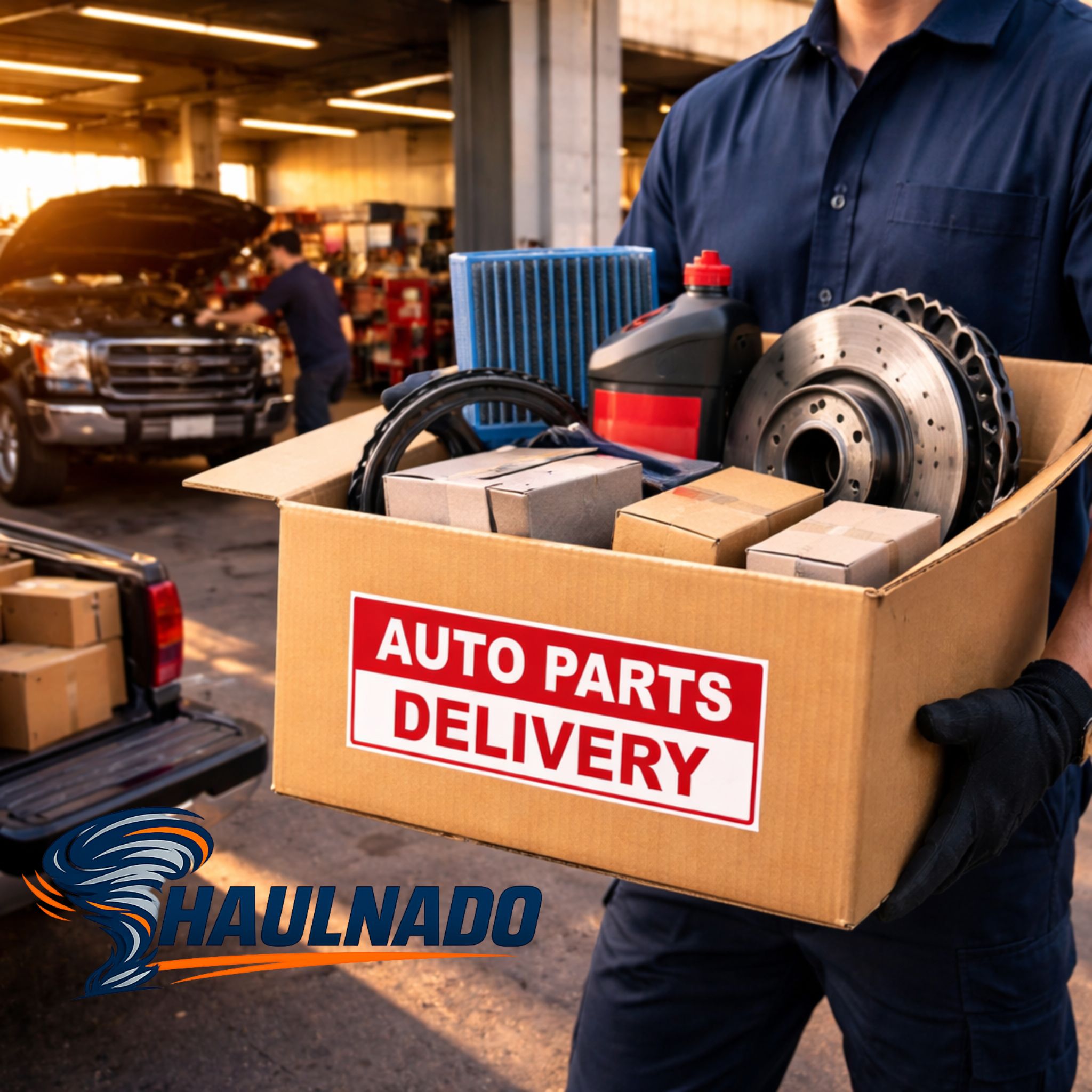 Haulnado auto parts delivery, local courier transporting parts and shop supplies to a Las Vegas repair business.