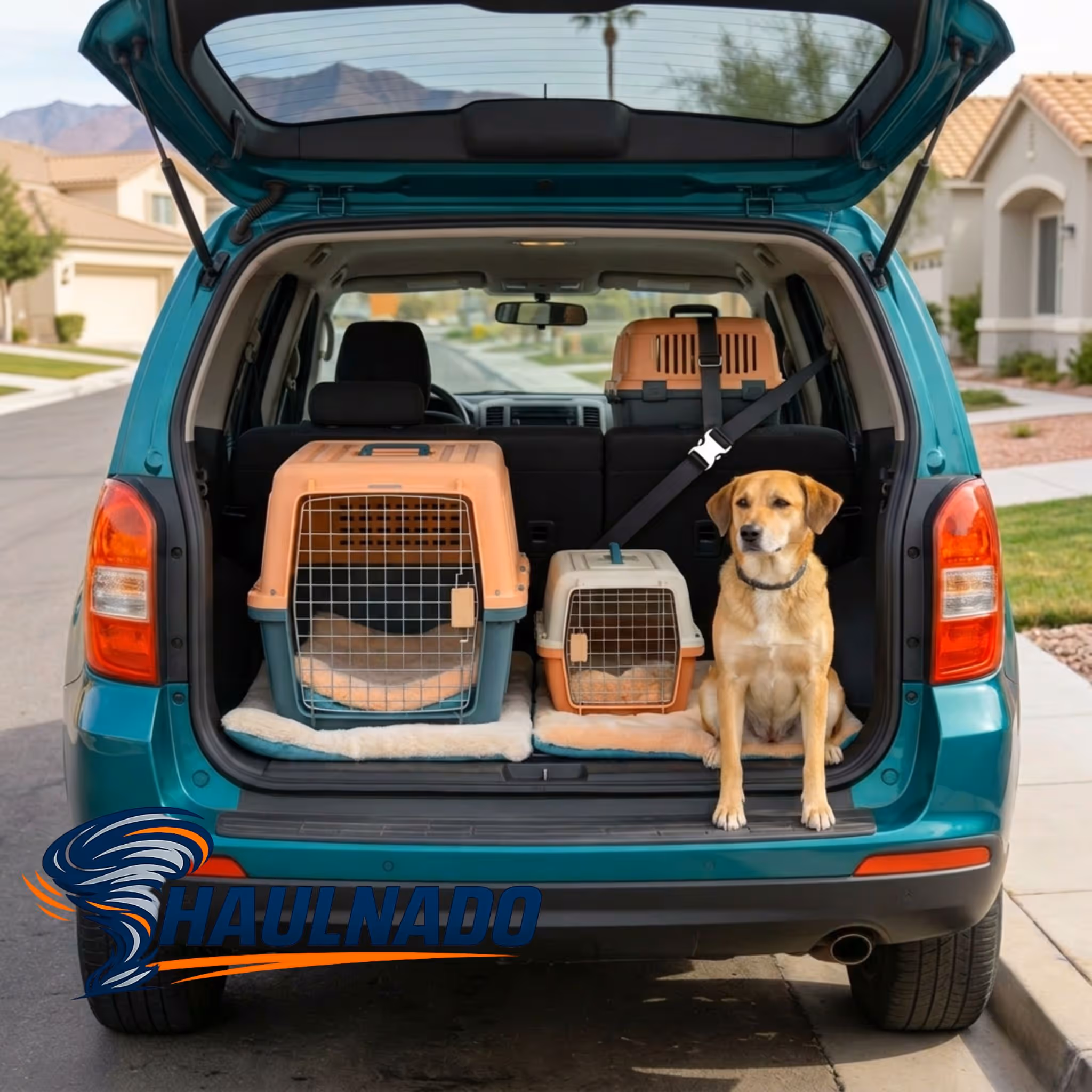 Calm dog in SUV with secured crates and cat carrier, showing safe, private ground pet transport in a quiet Las Vegas neighborhood.