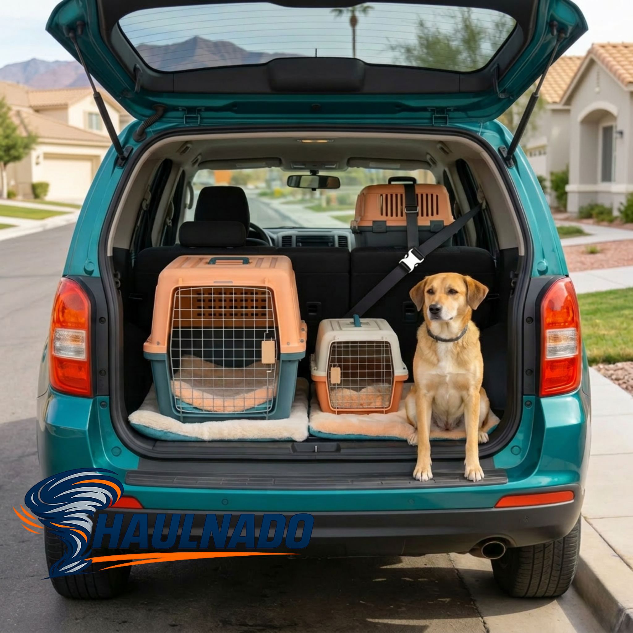 Calm dog in SUV with secured crates and cat carrier, showing safe, private ground pet transport in a quiet Las Vegas neighborhood.