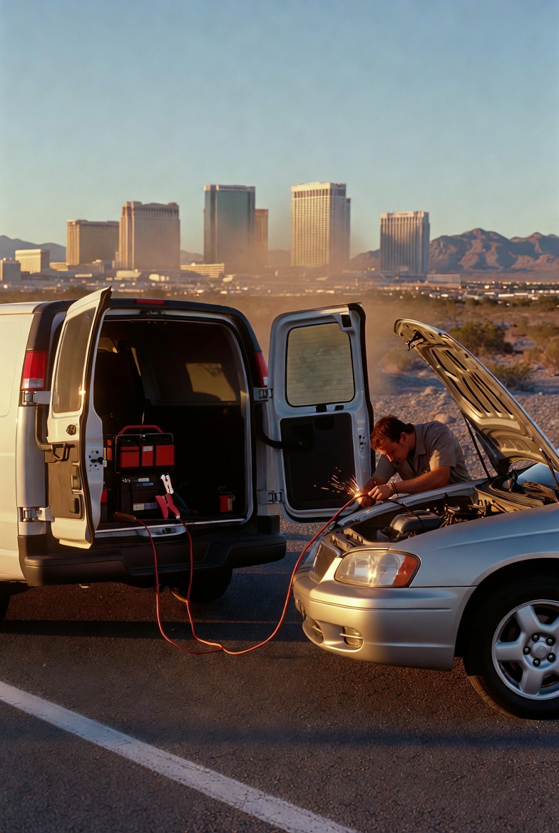 Professional roadside jump start in Las Vegas: technician connecting heavy-duty cables from service van to a stranded sedan on the highway shoulder.