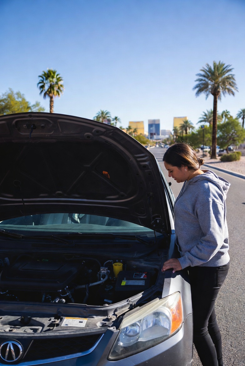 Woman in grey hoodie checking under the open hood of her car on a sunny Las Vegas street with palm trees and the Strip visible in the background.