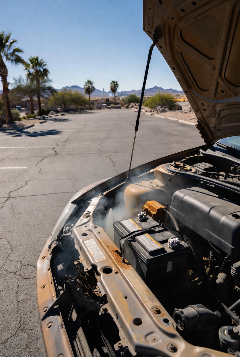Swollen car battery under open hood in extreme Las Vegas summer heat, showing heat damage and corrosion on scorching asphalt.