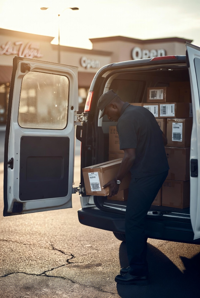 Local courier loading business boxes into a cargo van in Las Vegas
