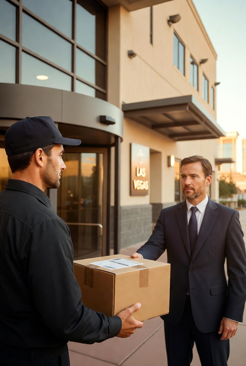 Professional courier completing a same-day delivery handoff at a Las Vegas office building