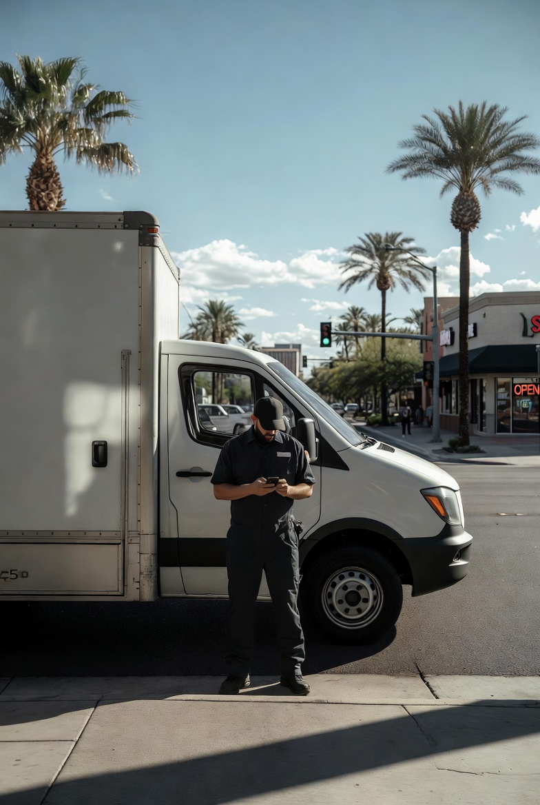 Professional courier checking phone next to cargo van on a Las Vegas commercial street