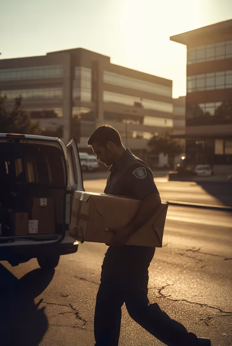 Professional courier carrying business packages toward a cargo van on a Las Vegas commercial street
