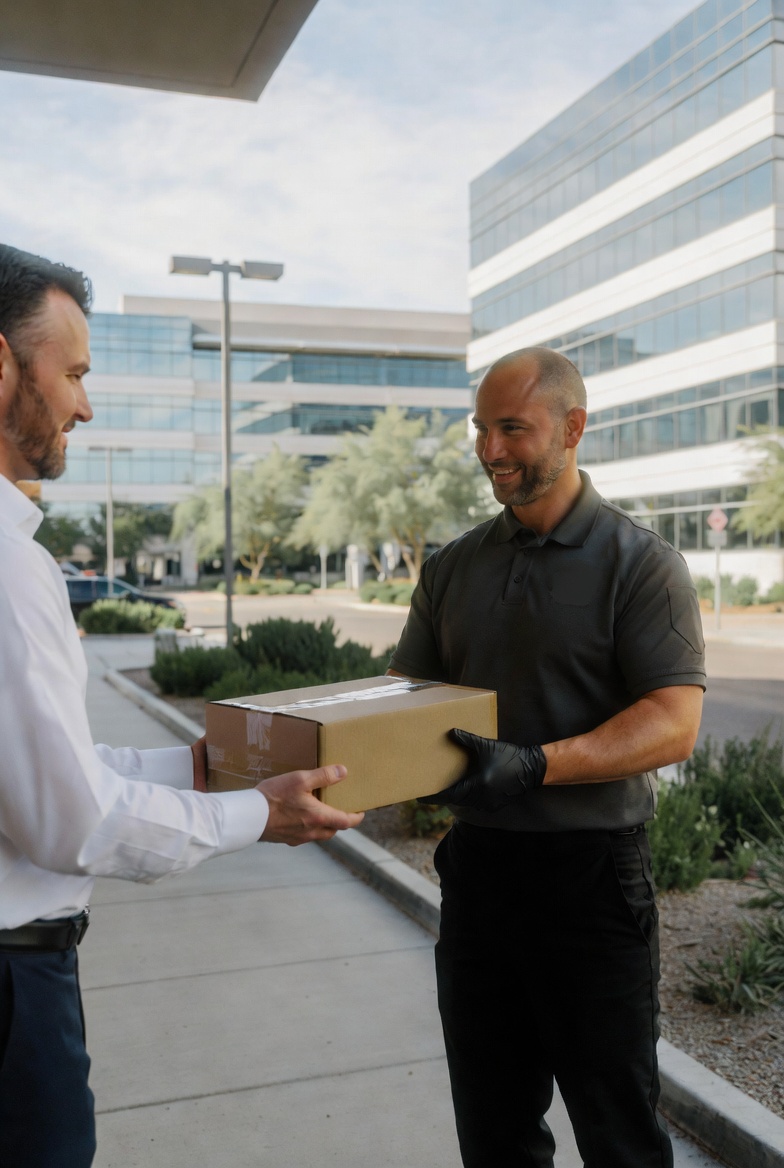 Professional courier completing a direct business delivery outside a Las Vegas office building