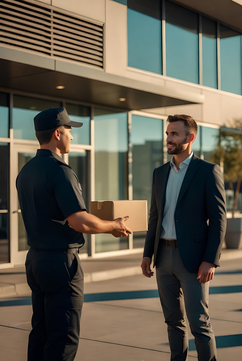 Local courier completing a direct same-day delivery to a business professional outside a Las Vegas office building