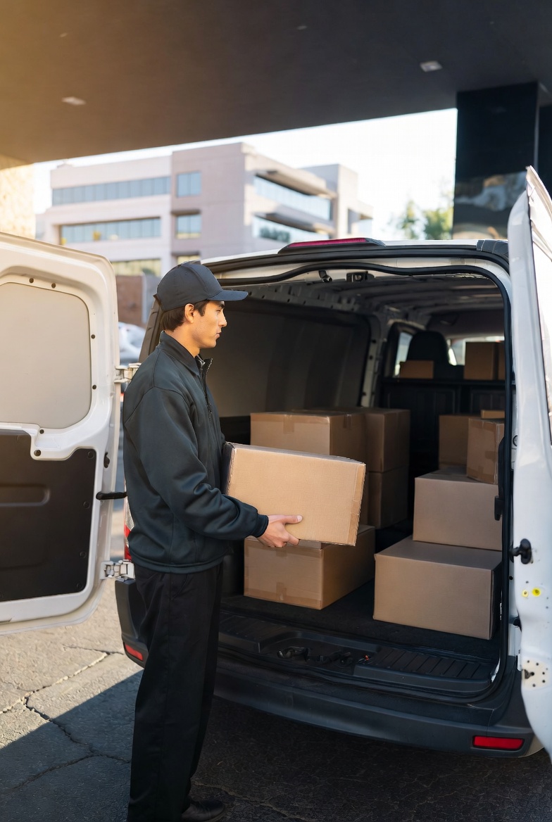 Professional courier carefully loading a sealed package into a cargo van in a Las Vegas commercial district