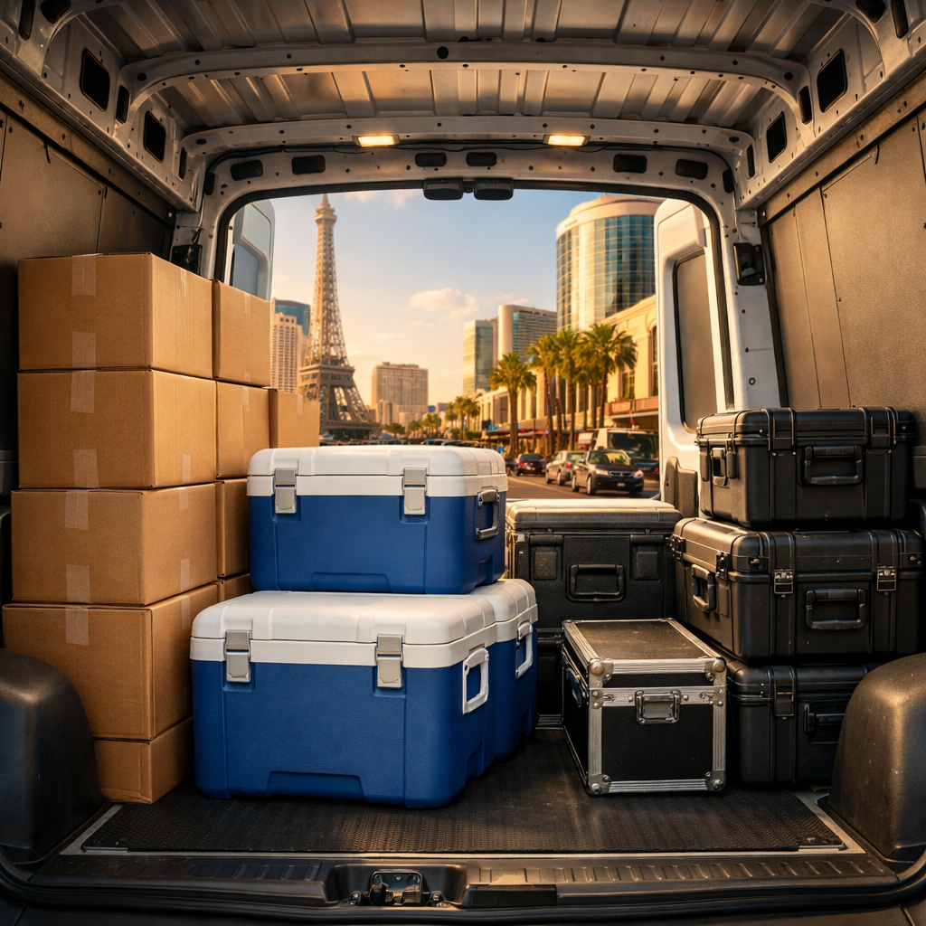Organized cargo van interior loaded with business boxes and delivery items in Las Vegas