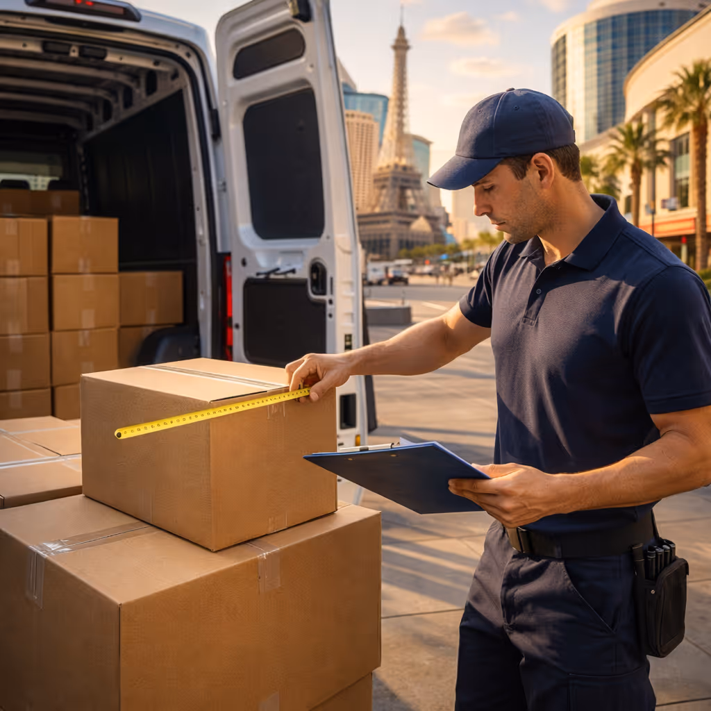 Professional courier preparing large boxes next to an open cargo van in Las Vegas