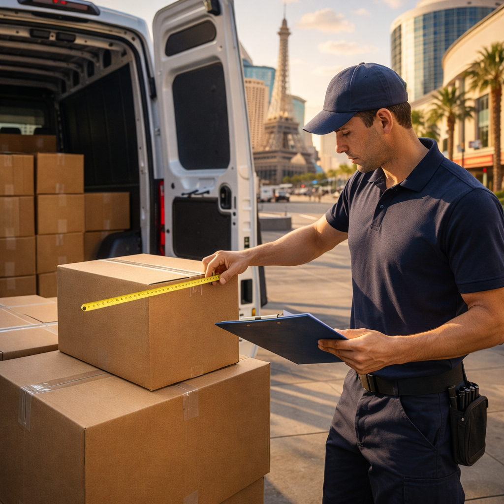 Professional courier preparing large boxes next to an open cargo van in Las Vegas