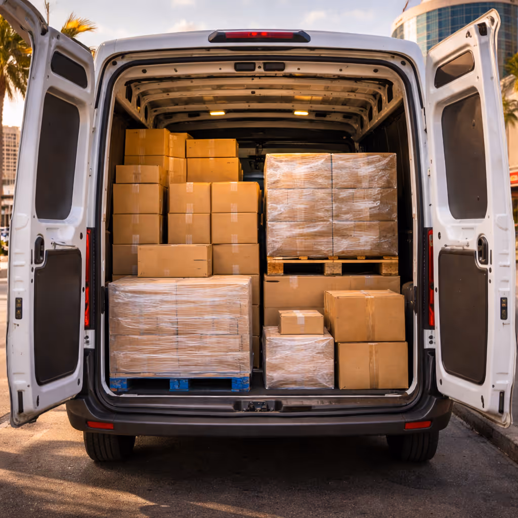 Open rear doors of a fully loaded professional cargo van on a Las Vegas commercial street