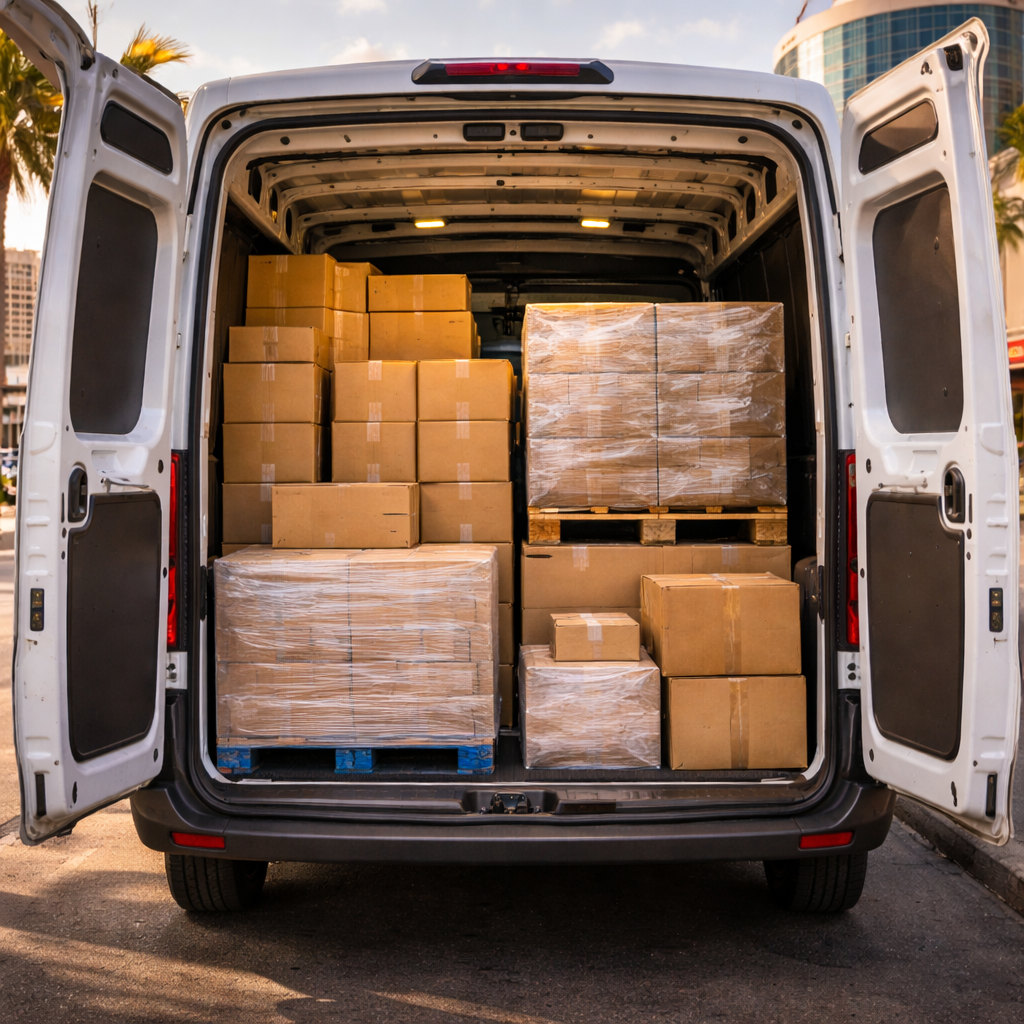 Open rear doors of a fully loaded professional cargo van on a Las Vegas commercial street
