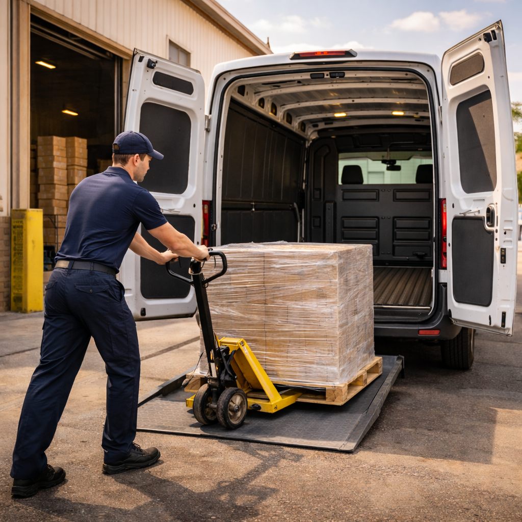 Professional courier loading a wrapped pallet into a cargo van at a Las Vegas area warehouse