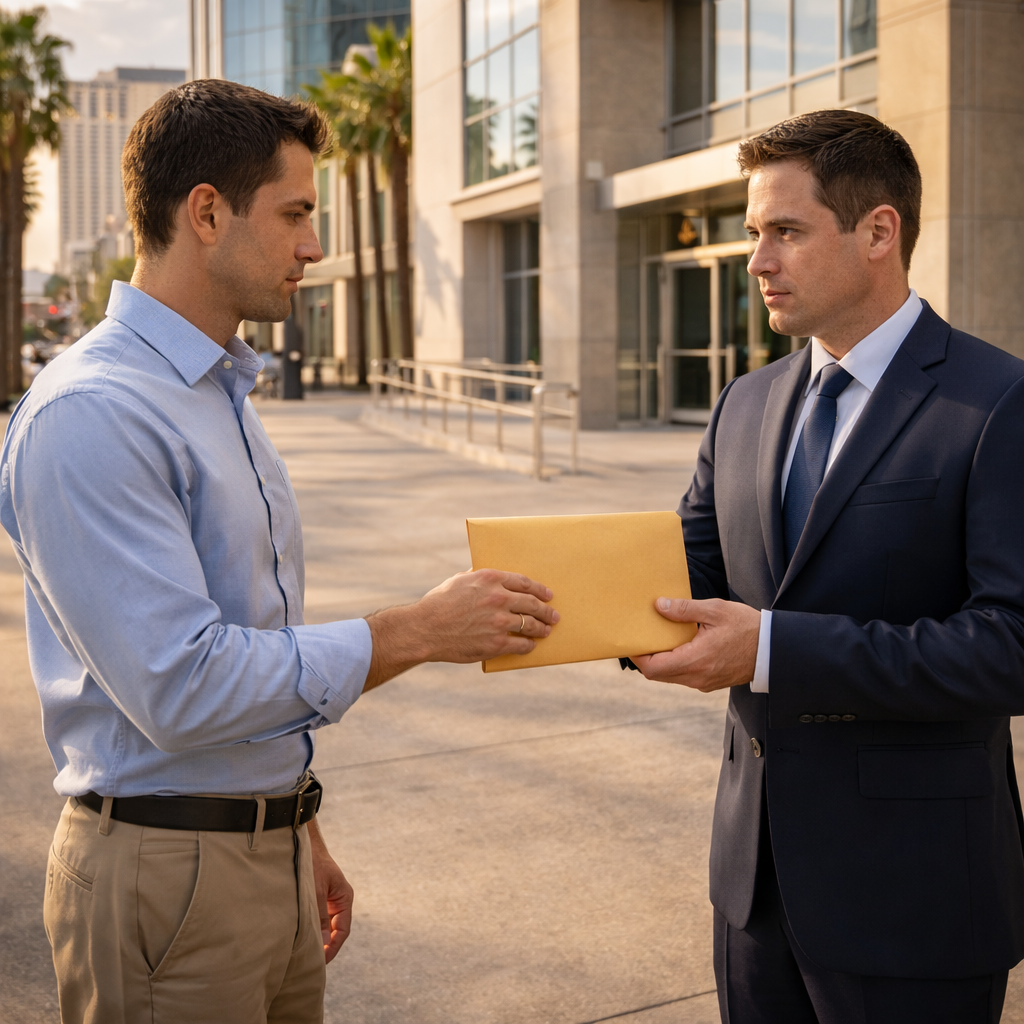 Professional courier handing a sealed legal document envelope to an attorney outside a Las Vegas law office