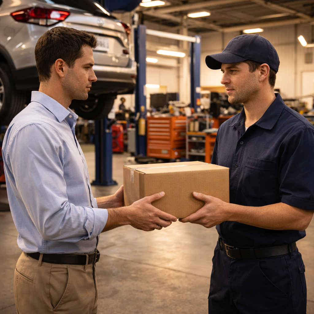 Courier handing an auto parts box to a mechanic in a Las Vegas repair shop with a vehicle on the lift