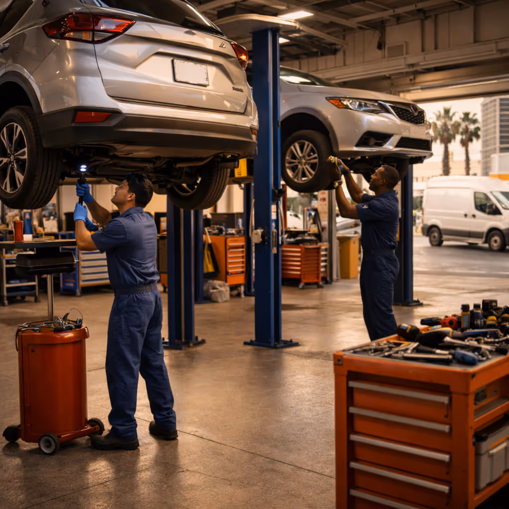 Busy Las Vegas auto repair shop with vehicles on lifts and a courier van visible through the open bay door