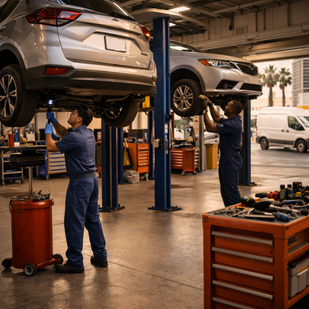 Busy Las Vegas auto repair shop with vehicles on lifts and a courier van visible through the open bay door