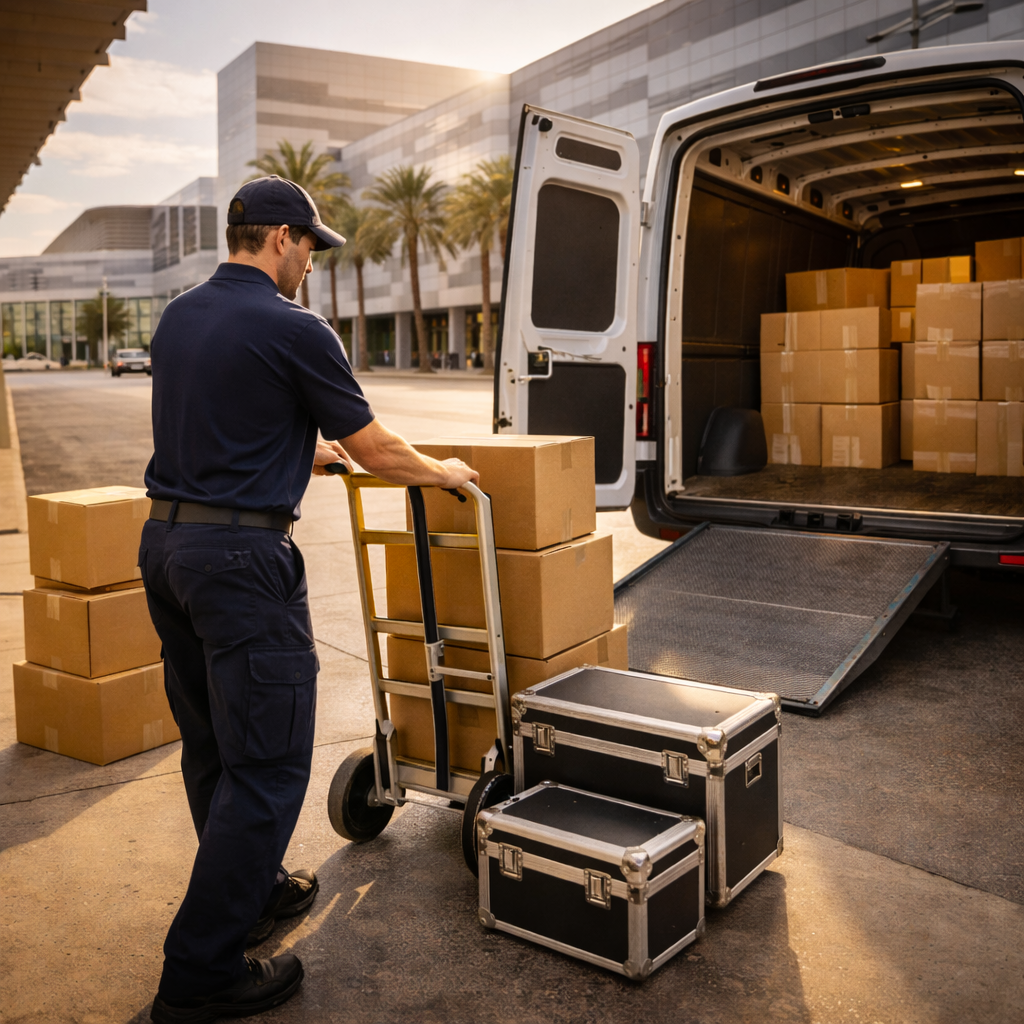  Professional courier unloading convention booth materials from a cargo van at a Las Vegas convention center loading dock