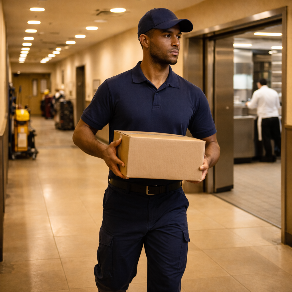 Professional courier carrying a sealed delivery box through a Las Vegas Strip hotel service entrance corridor