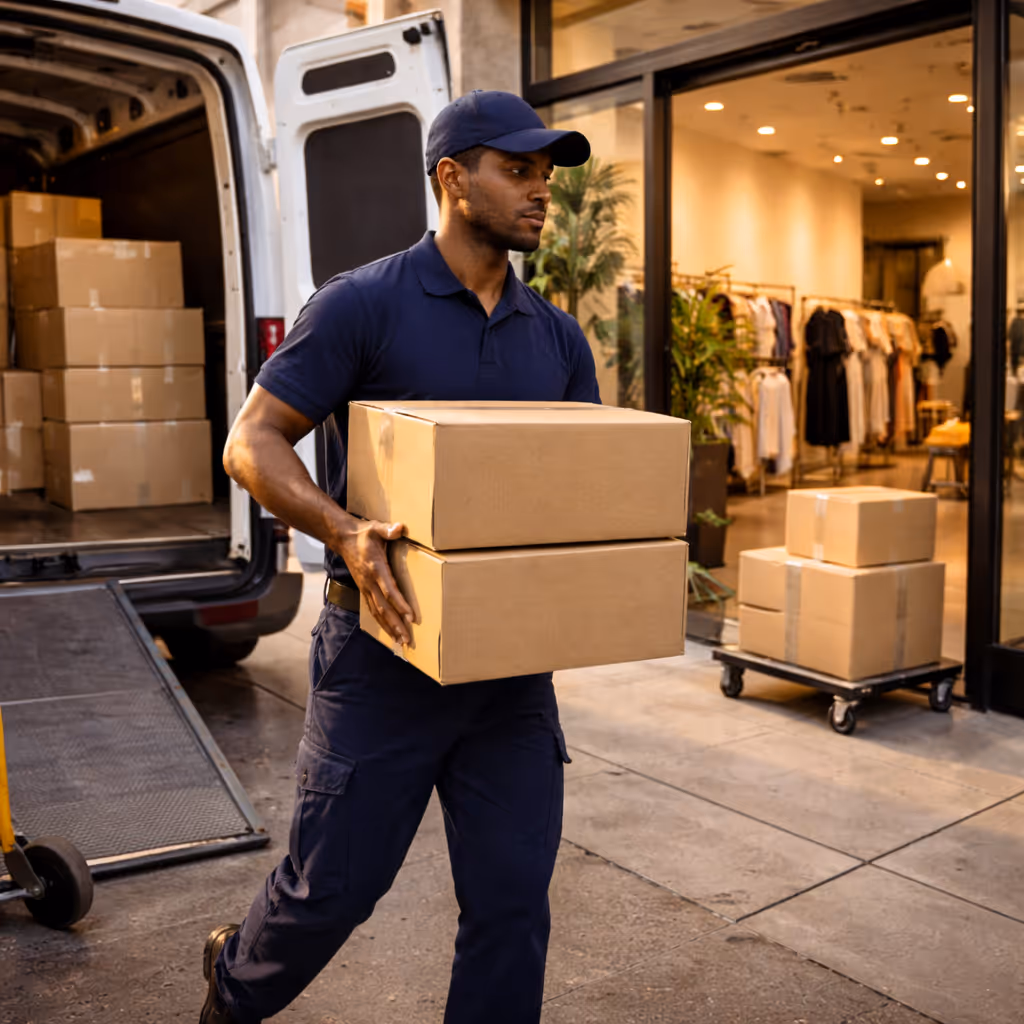 Professional courier unloading stacked apparel boxes from a cargo van at a Las Vegas fashion boutique entrance