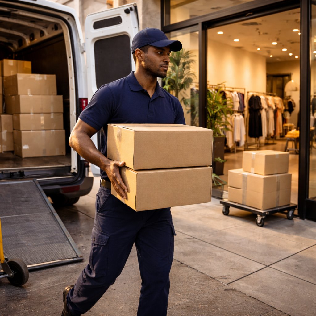 Professional courier unloading stacked apparel boxes from a cargo van at a Las Vegas fashion boutique entrance
