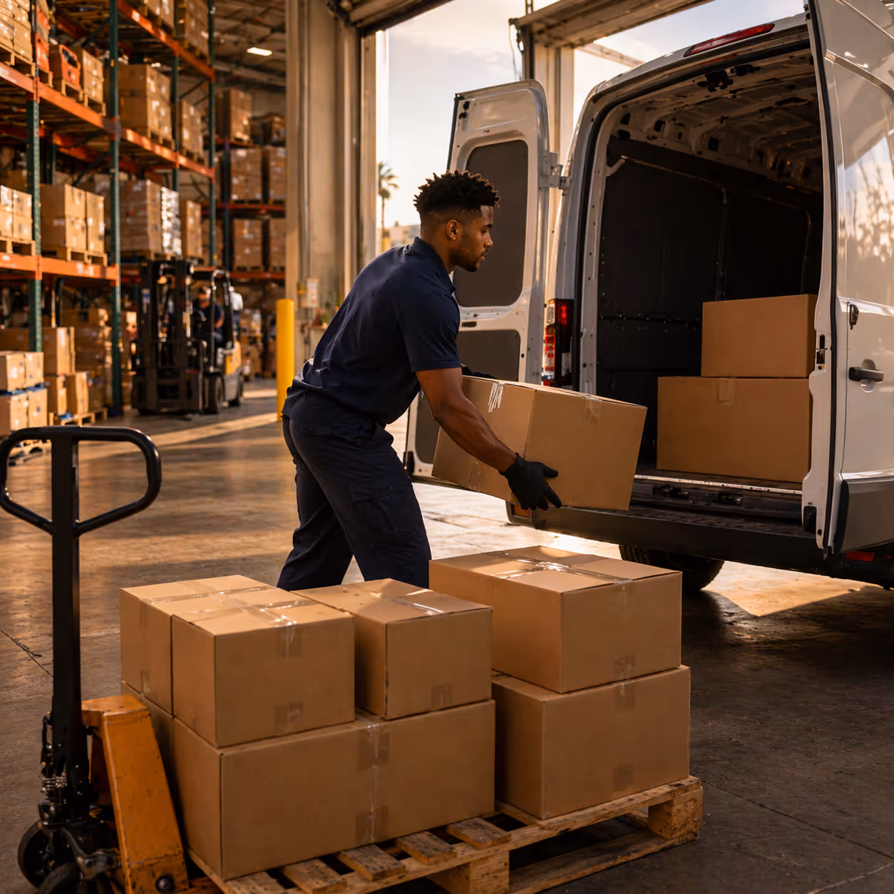  Professional courier loading sealed boxes from a Las Vegas warehouse dock into a cargo van for same-day delivery