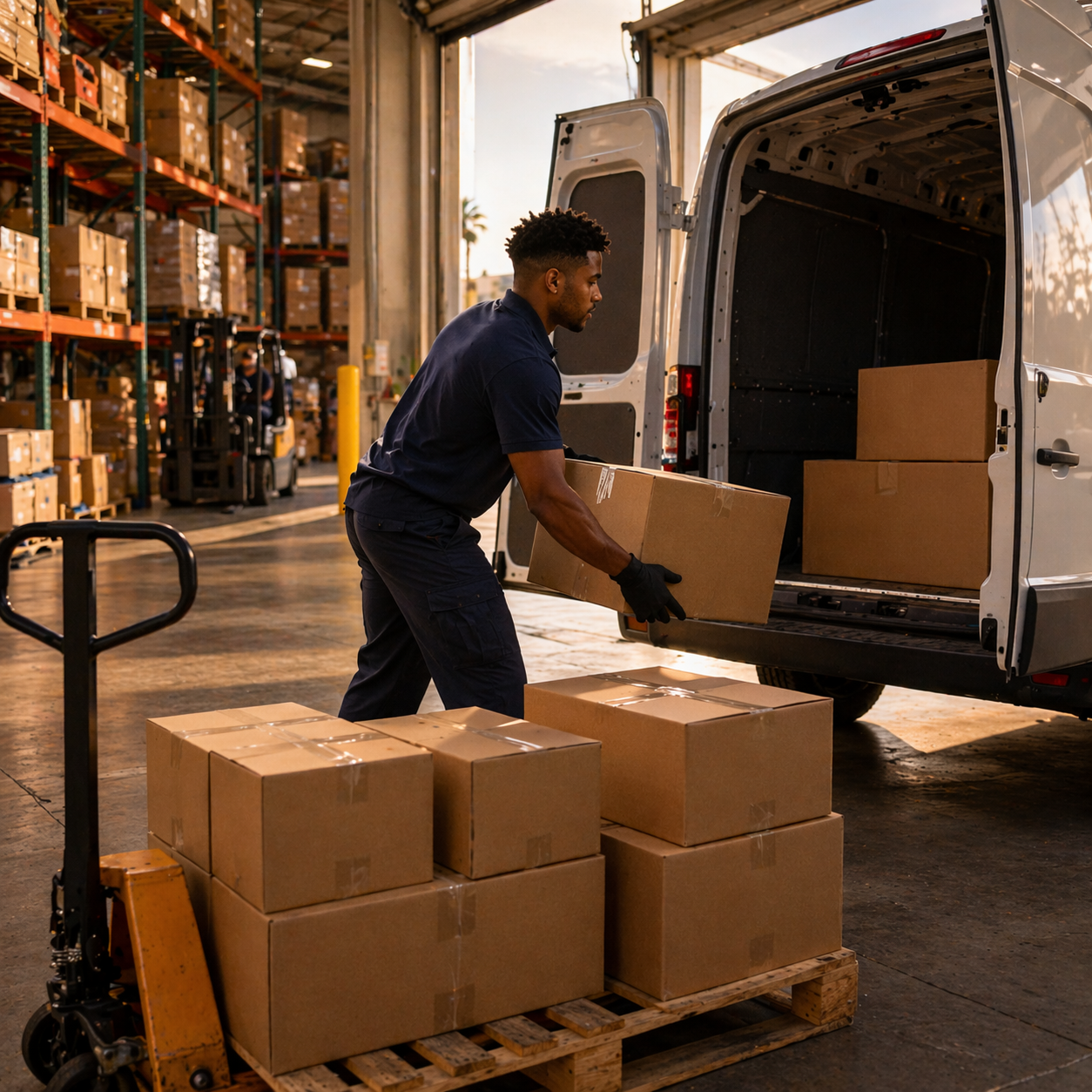  Professional courier loading sealed boxes from a Las Vegas warehouse dock into a cargo van for same-day delivery