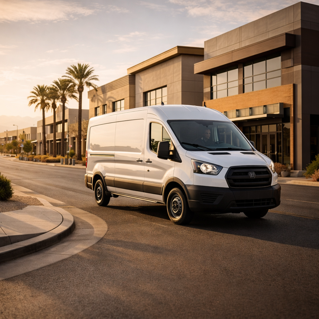 Professional courier van driving through a Henderson Nevada commercial district on a same-day delivery run
