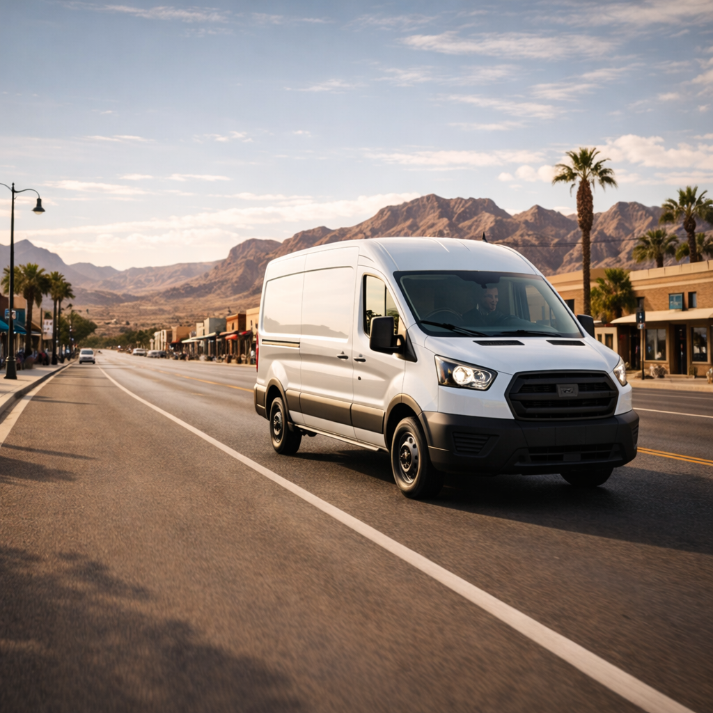 Professional courier van driving through Boulder City Nevada on a same-day delivery run with desert landscape in background
