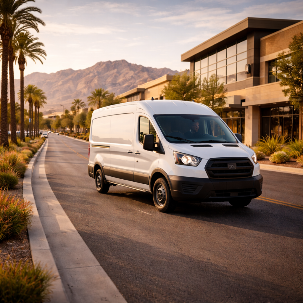 Professional courier van driving through a Summerlin Las Vegas commercial district on a same-day delivery run with Red Rock Canyon visible in the distance