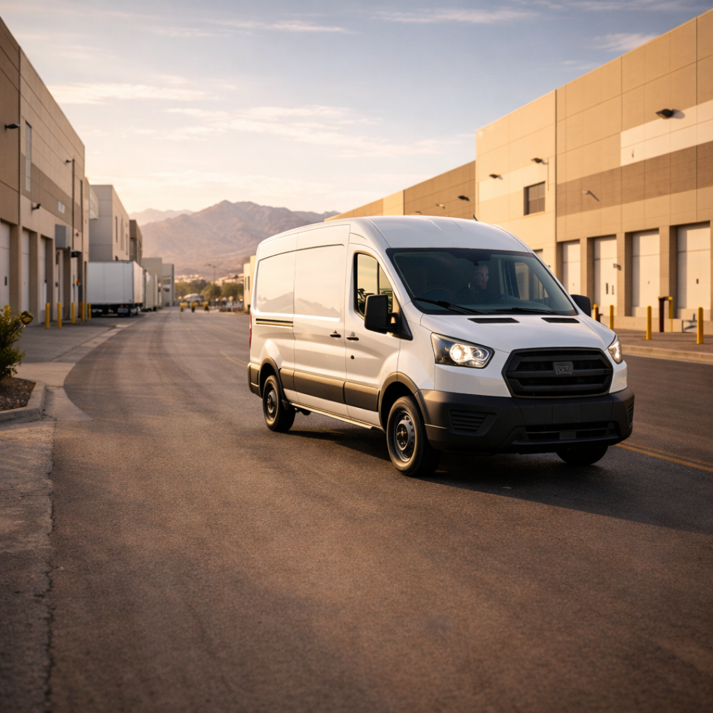 Professional courier van driving through a North Las Vegas industrial park corridor with warehouse buildings and loading docks visible