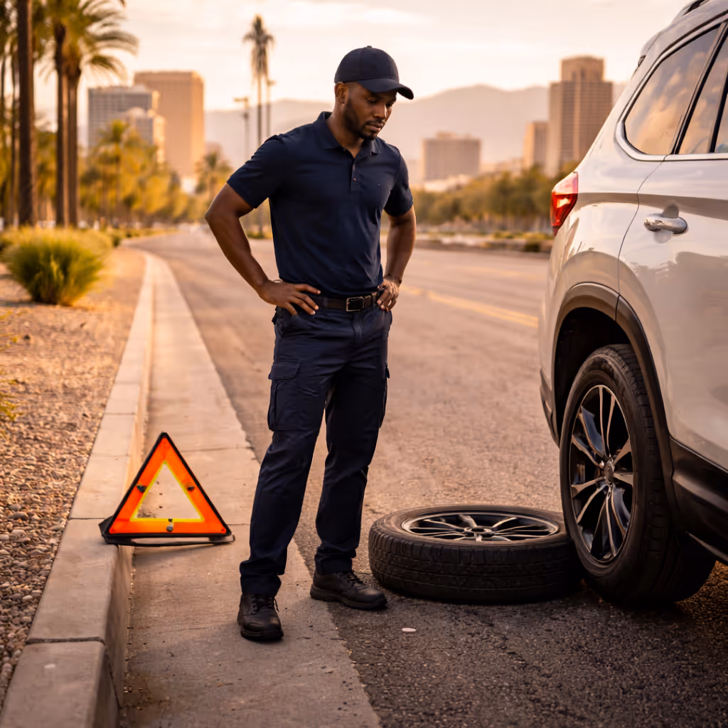 Driver standing next to a vehicle with a flat tire pulled over safely on a Las Vegas road with the Strip visible in the background