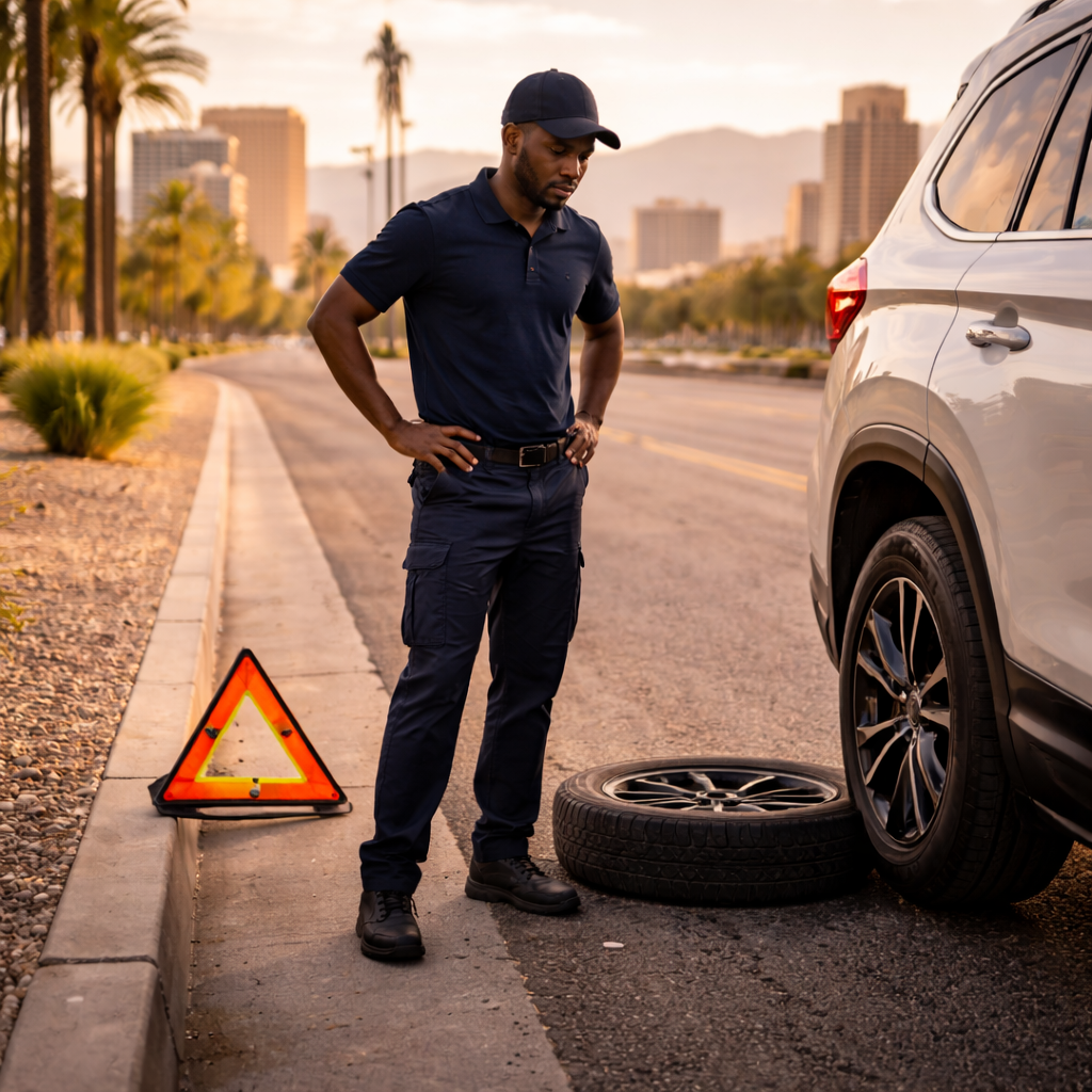 Driver standing next to a vehicle with a flat tire pulled over safely on a Las Vegas road with the Strip visible in the background