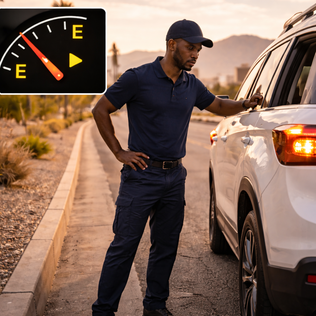  Driver standing next to a vehicle stopped on the side of a Las Vegas road after running out of gas with desert Nevada landscape in background