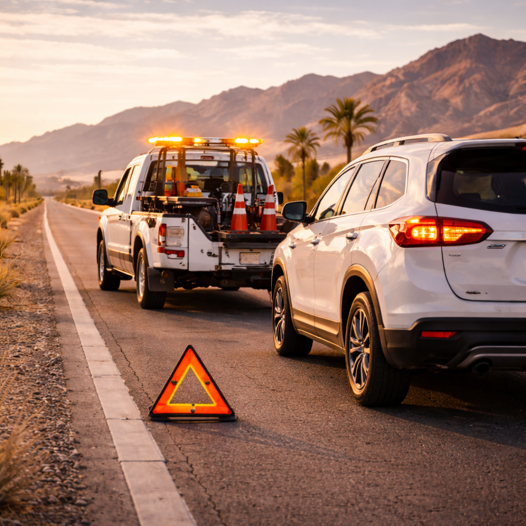  Roadside assistance truck parked behind a vehicle on the side of a Las Vegas desert highway under a clear Nevada sky